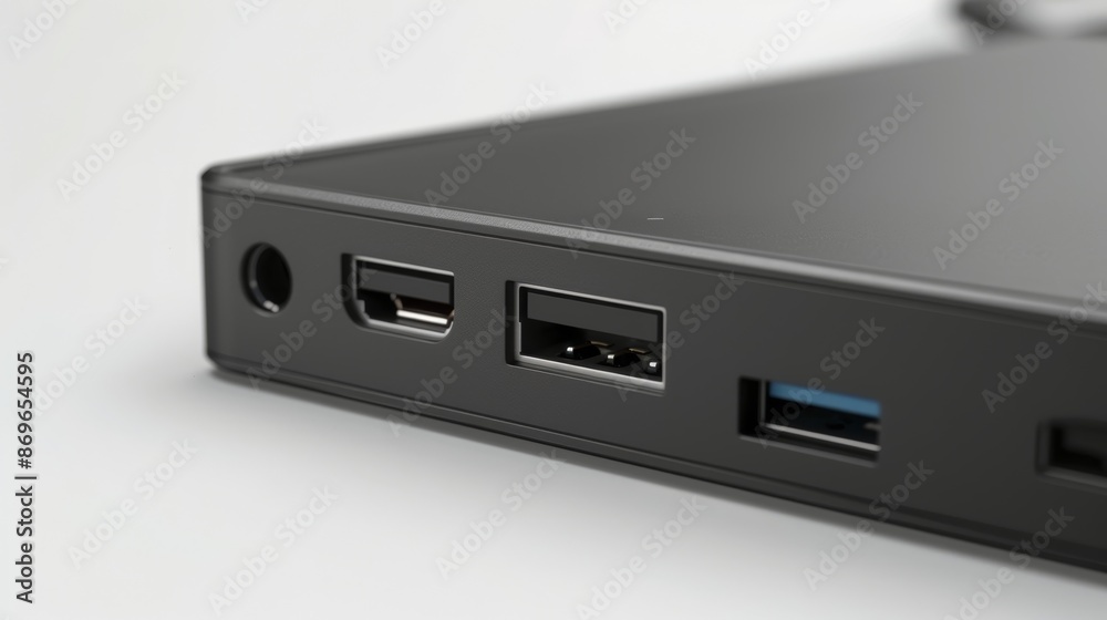 A closeup of a portable SSDs USBC port highlights the devices versatility allowing for easy connectivity to a variety of devices. A closeup of a portable SSDs USBC port highlights the devices versatility allowing for easy connectivity to a variety of devices.