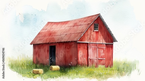 A charming red barn in a grassy field, capturing the essence of rural life and rustic architecture in a watercolor painting.
