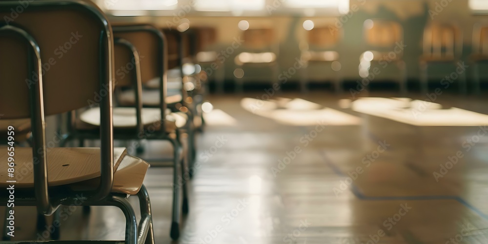 Unclear photo of vacant elementary classroom with desks and chairs. Concept Classroom Photography, Educational Setting, Vacant Spaces, Student Desks, Interior Design Unclear photo of vacant elementary classroom with desks and chairs. Concept Classroom Photography, Educational Setting, Vacant Spaces, Student Desks, Interior Design