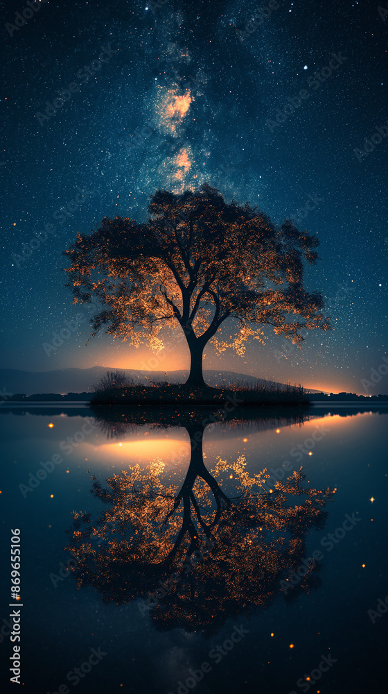 Naklejka premium Lonely tree reflecting in water under milky way galaxy