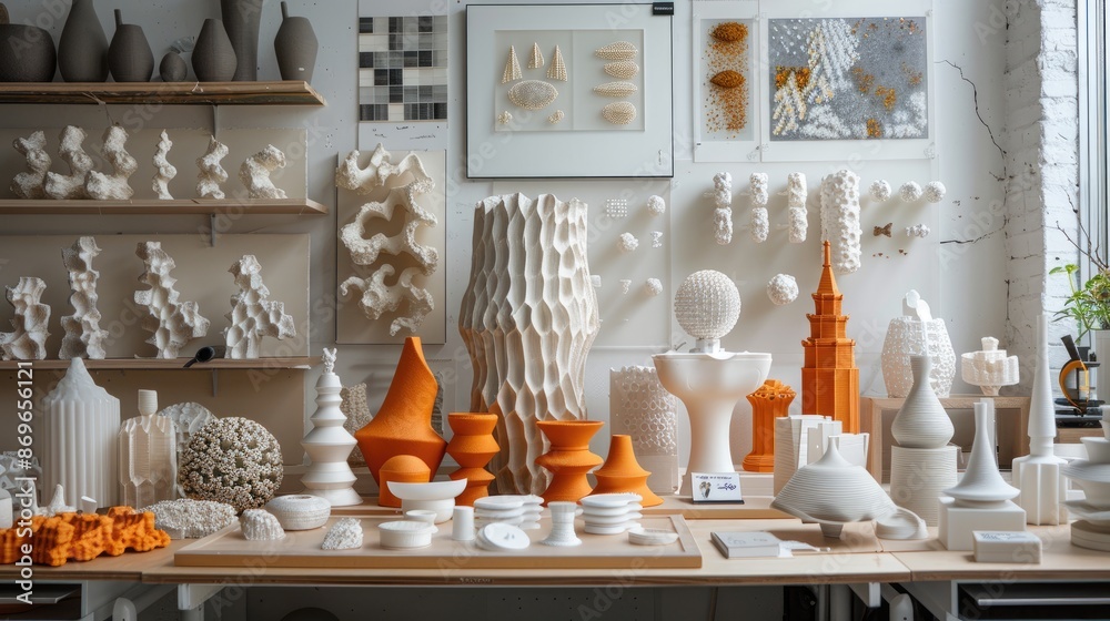 A table full of sculptures and models, with a variety of shapes and sizes A table full of sculptures and models, with a variety of shapes and sizes