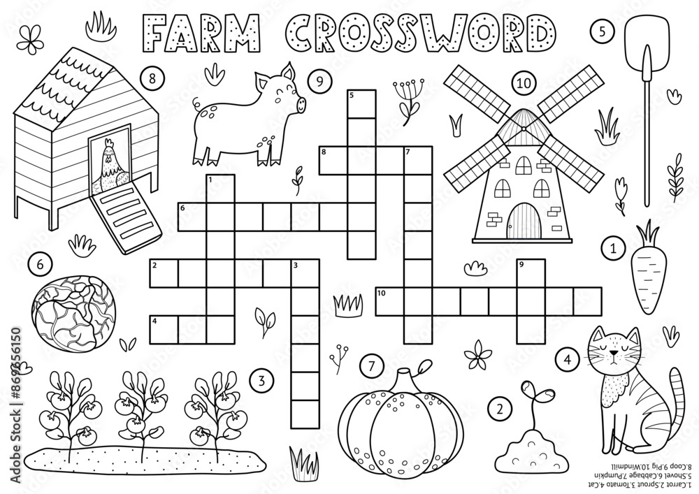Black and white crossword for kids with cute farm characters Word Black and white crossword for kids with cute farm characters Word