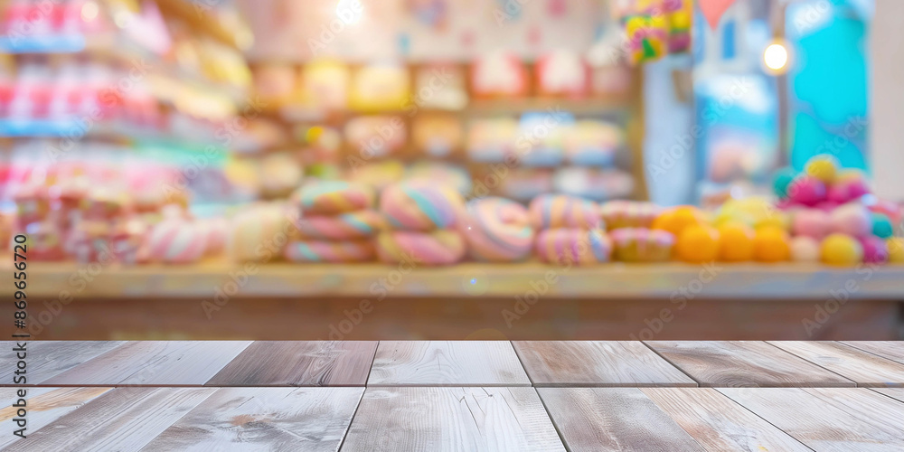 Empty surface on the background of a store with sweets, advertising banner. Sweets shop. Summer layout for design and product demonstration. Empty surface on the background of a store with sweets, advertising banner. Sweets shop. Summer layout for design and product demonstration.