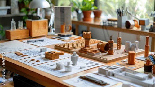 Detailed product prototype made from different materials, displayed on a designer's desk alongside sketches and technical drawings.