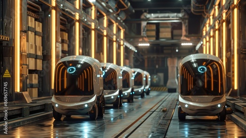 Futuristic warehouse where autonomous robots are sorting and transporting packages without human intervention.