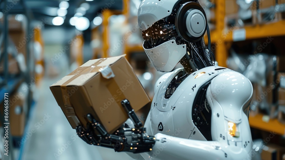 Fototapeta premium Robot is holding a box in a warehouse. The robot is white and has a box in its hand