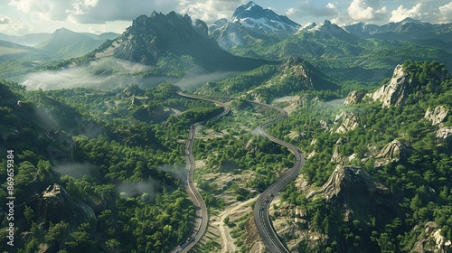 Aerial view of mountains with winding road leading to the peak. The road is surrounded by green trees and cloudy skies