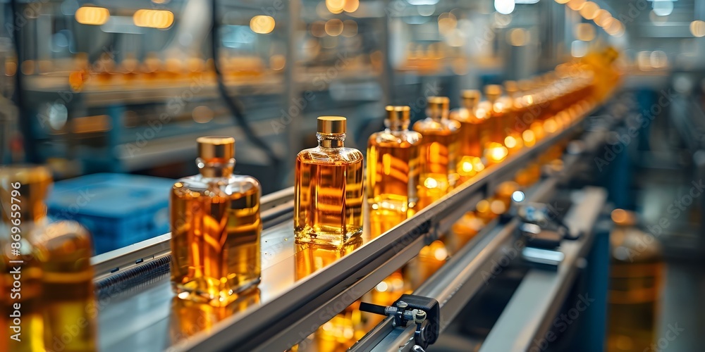 Automated Conveyor System in a Perfume Factory for Cosmetic Oil Production. Concept Conveyor System, Perfume Factory, Cosmetic Oil, Automation, Production Automated Conveyor System in a Perfume Factory for Cosmetic Oil Production. Concept Conveyor System, Perfume Factory, Cosmetic Oil, Automation, Production
