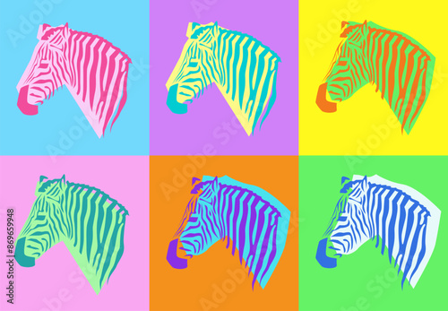 Zebra portrait in pop art style. Vector african zebra head in bright colors. Retro poster design
