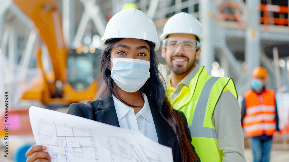 Construction workers on site. Wearing PPE and holding blueprints. Industry category