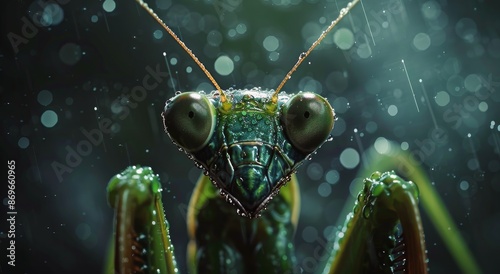 Close Up Of Praying Mantis With Water Droplets On Its Body