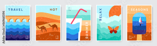 Summer posters. Minimal yacht, sea travel, banners typography, journey on ocean coast, vacation card. Desert with camels, cold beverage. Minimalistic illustration. Vector background collection