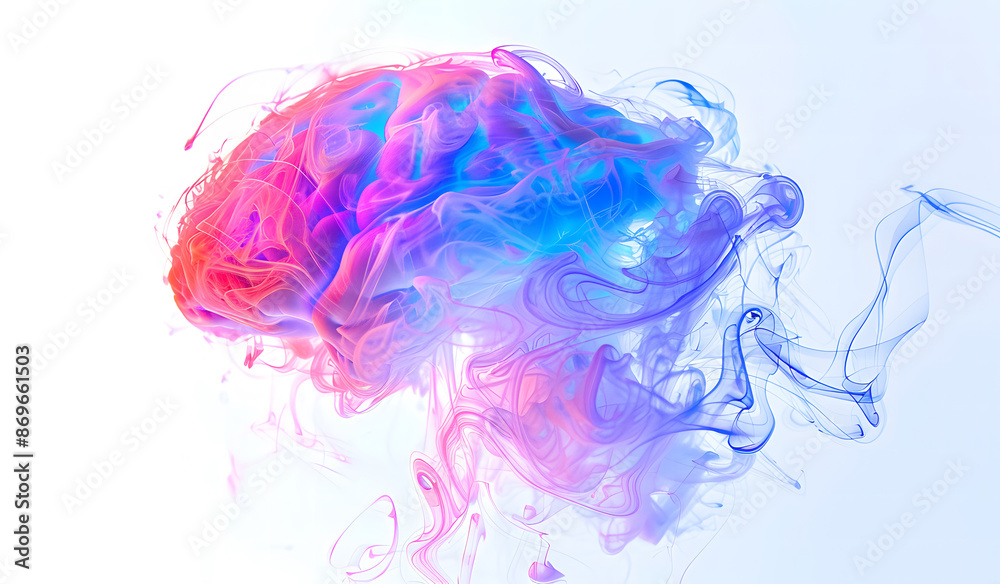 Fototapeta premium A vibrant and abstract representation of a human brain, featuring swirling, colorful wisps of smoke or energy. The mix of blues, purples, and oranges against a clean white background design
