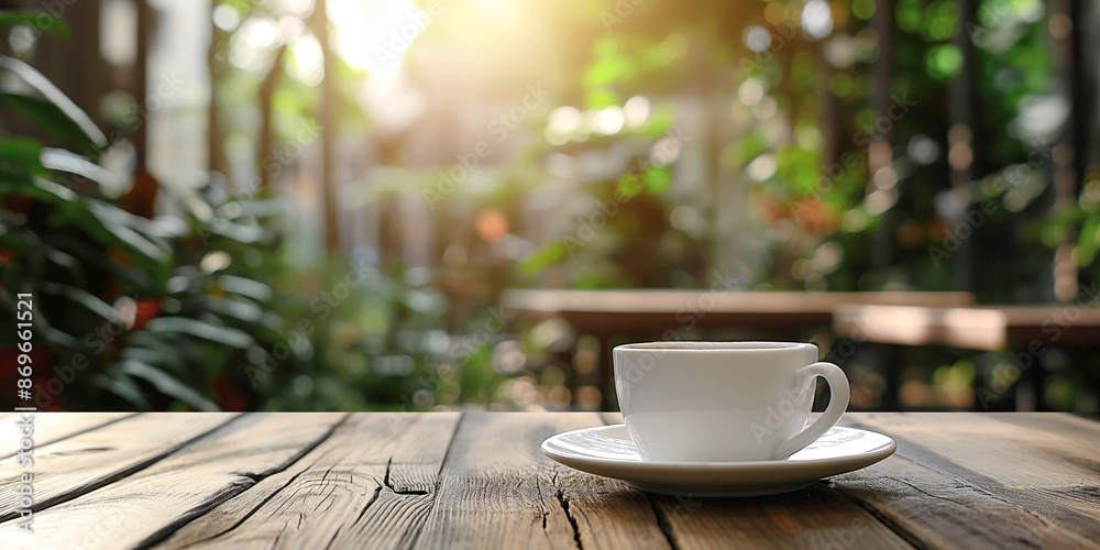White cup of coffee on a wooden surface on a cafe background, advertising banner Summer layout for design and product demonstration. White cup of coffee on a wooden surface on a cafe background, advertising banner Summer layout for design and product demonstration.