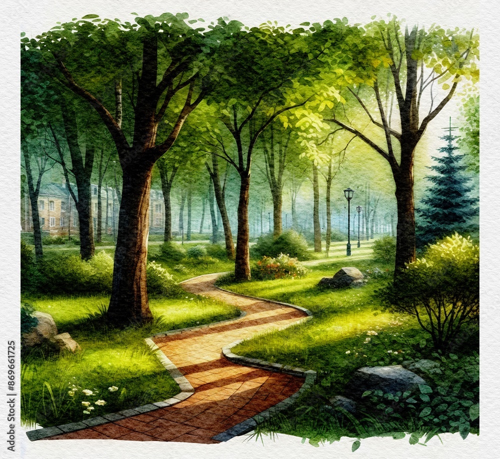 나무,풍경,수채화,공원,산책로,봄,그림 나무,풍경,수채화,공원,산책로,봄,그림