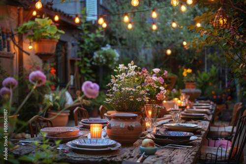Outdoor dining table set for an evening meal with string lights and floral decorations