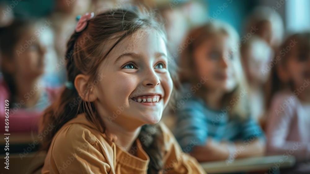 Group of students were sitting in class watching the teacher while smiling happily Group of students were sitting in class watching the teacher while smiling happily