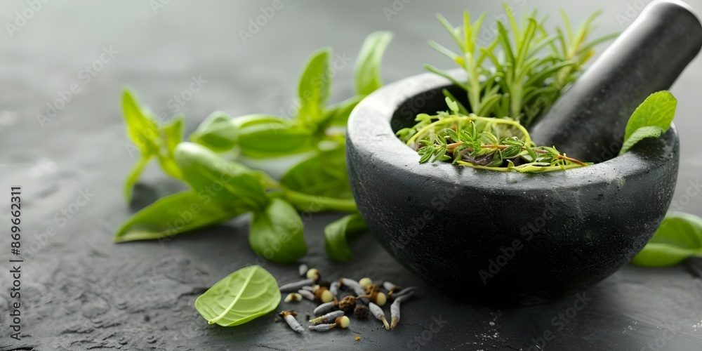Ayurvedic Mortar and Pestle Using Herbs like Rosary Pea, Rosemary, Neem, and Tulsi. Concept Ayurvedic Mortar and Pestle, Rosary Pea Herb, Rosemary Herb, Neem Herb, Tulsi Herb Ayurvedic Mortar and Pestle Using Herbs like Rosary Pea, Rosemary, Neem, and Tulsi. Concept Ayurvedic Mortar and Pestle, Rosary Pea Herb, Rosemary Herb, Neem Herb, Tulsi Herb