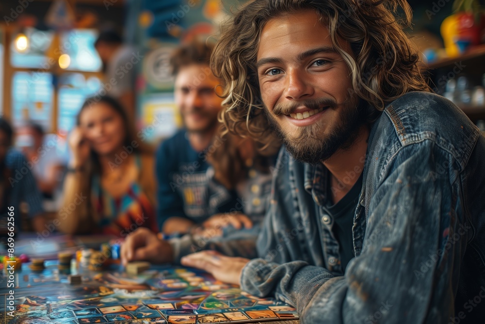 Young Man With Long Hair Smiles During a Board Game Night With Friends Young Man With Long Hair Smiles During a Board Game Night With Friends