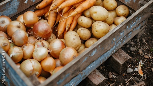 Harvested vegetables in a wooden box. Potatoes, carrots, onions