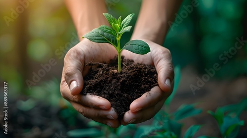 Human hands holding green plant with soil on blurred nature background