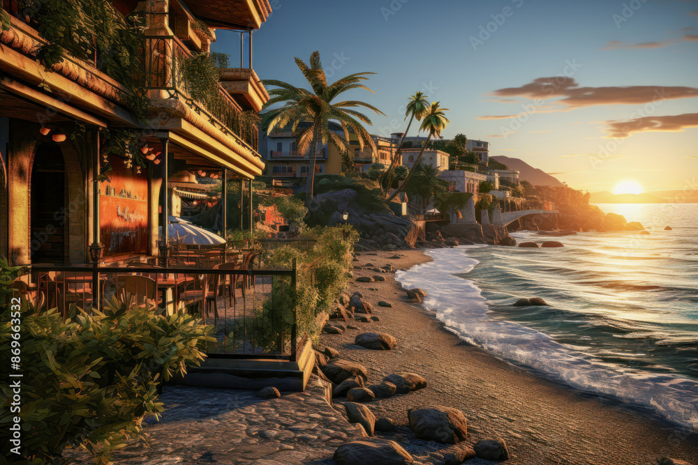 Fototapeta premium Coastal Sunset Over Mediterranean Villas