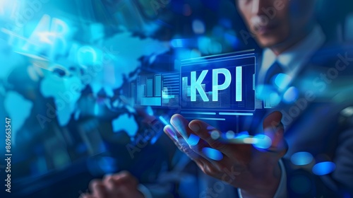 Businessman using digital tablet with text KPI