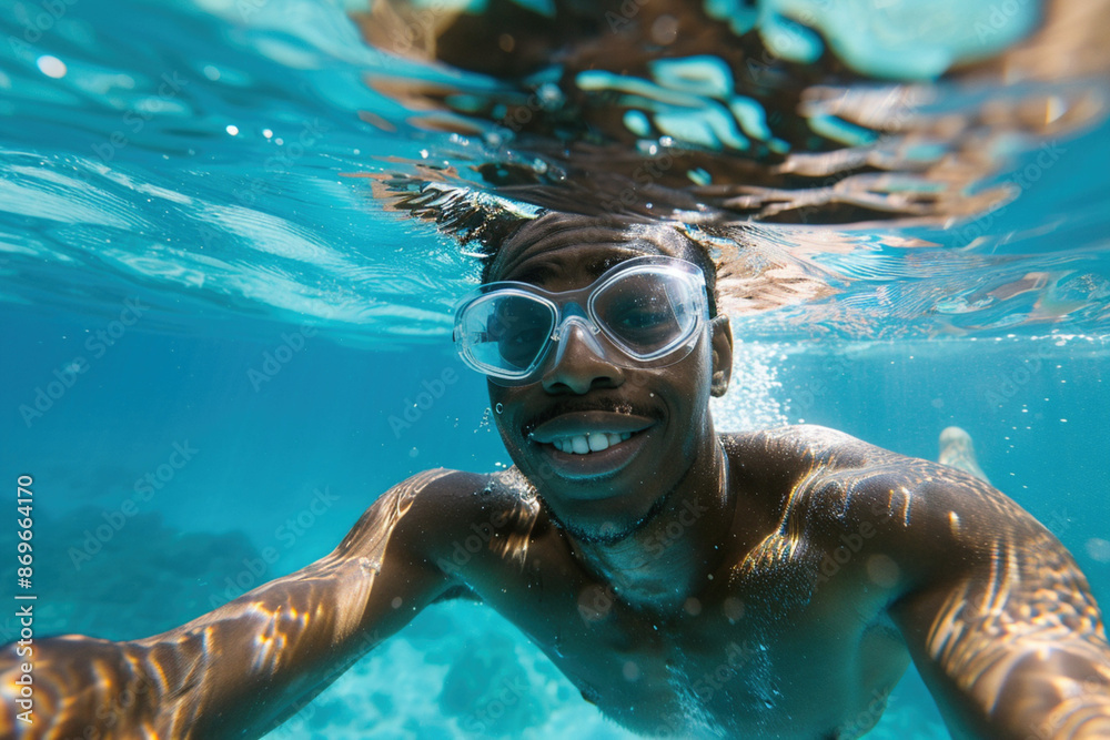 Naklejka premium African-American man underwater wearing goggles takes a selfie while snorkeling in clear water. Travel adventure excitement of exploring marine life. Vacation timespending activitity diving snorkeling