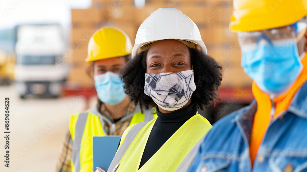 Construction workers in safety gear. Industrial environment Construction workers in safety gear. Industrial environment