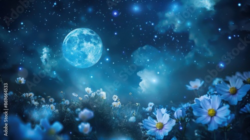 A beautiful night sky with a large moon and a field of flowers