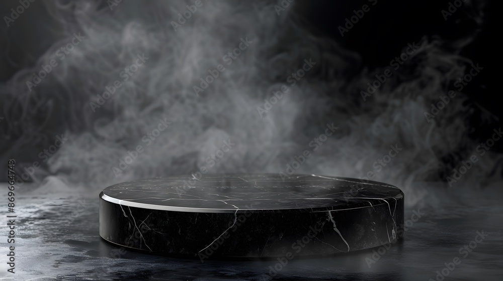 Black stone podium with smoke for product presentation on dark background