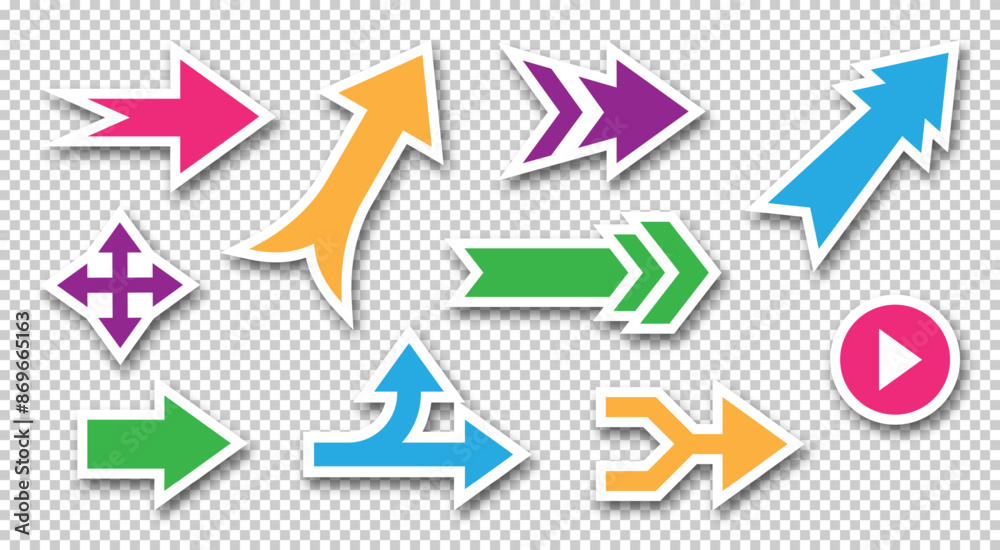 Arrow stickers. Pointer icons. Round button. Rotate or swirl label. Straight or curve way symbols. Smooth marker shape with shadow. Navigation banner. Vector direction color signs set Arrow stickers. Pointer icons. Round button. Rotate or swirl label. Straight or curve way symbols. Smooth marker shape with shadow. Navigation banner. Vector direction color signs set
