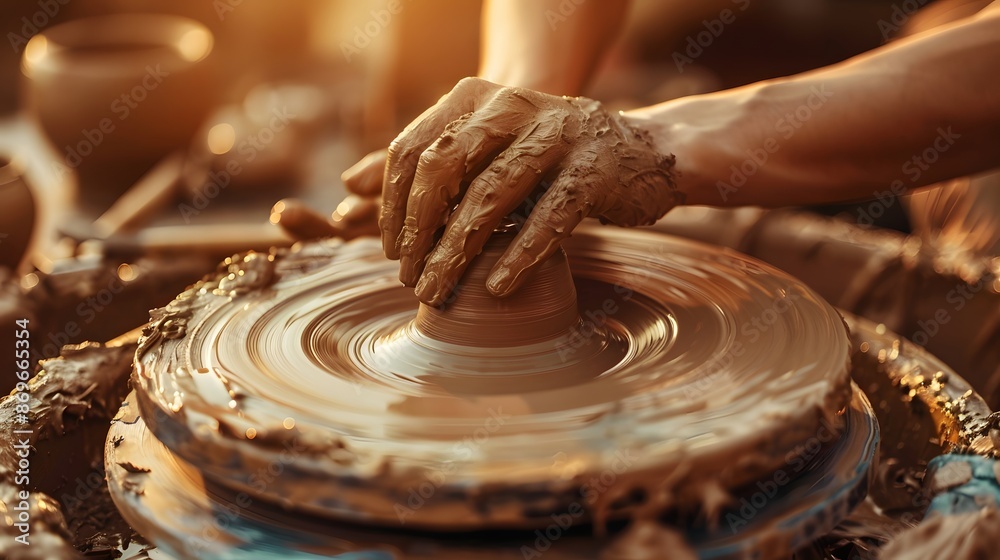 Crafting with Clay. Hands shaping a piece of clay on a pottery wheel, with wet clay and tools in the background.
Crafting with Clay. Hands shaping a piece of clay on a pottery wheel, with wet clay and tools in the background.