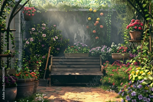 Quaint garden with a wooden bench surrounded by vibrant flowers and plants photo