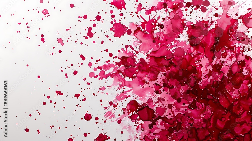 Fototapeta premium Intricate ruby paint splatters forming a captivating pattern on a clean white canvas.