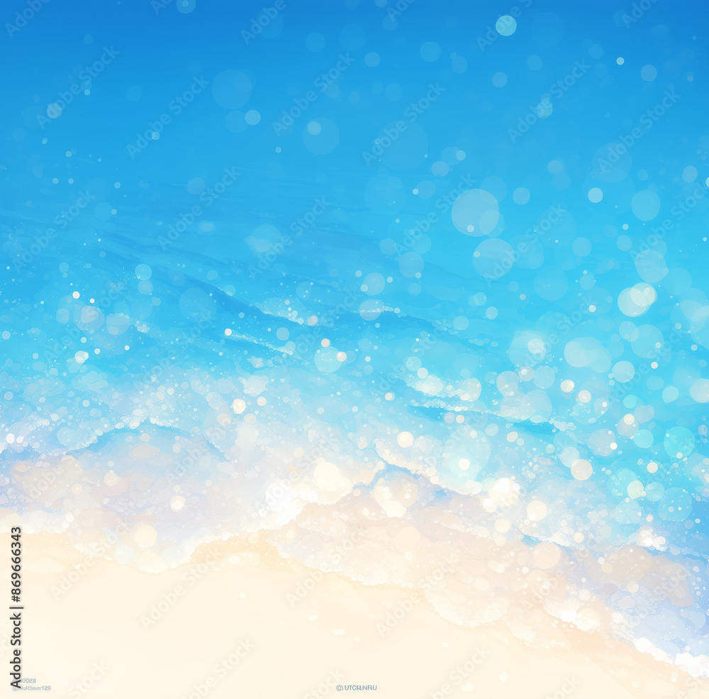 A digital painting depicts an abstract summer beach scene. The image features a close-up perspective of a sandy beach with blue water waves gently rolling towards the shore. A digital painting depicts an abstract summer beach scene. The image features a close-up perspective of a sandy beach with blue water waves gently rolling towards the shore.