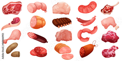 Meat delicatessen. Natural farm food. Sausage and ham salami cut slices. Red and white wurst. Gastronomy delicacy. Pork bacon. Beef steak for BBQ. Uncooked chicken. Vector icon set