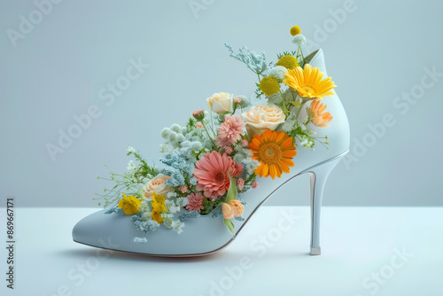 A blue high heel shoe is decorated with a variety of colorful flowers, including yellow gerberas, orange gerberas, pink gerberas, and white roses. The shoe is sitting on a white surface.