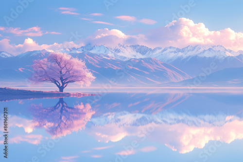 A lone tree, its branches laden with blossoms, stands on the shore of a calm lake reflecting the snowy mountain peaks in the distance. The sky is a pale blue with soft pink clouds.