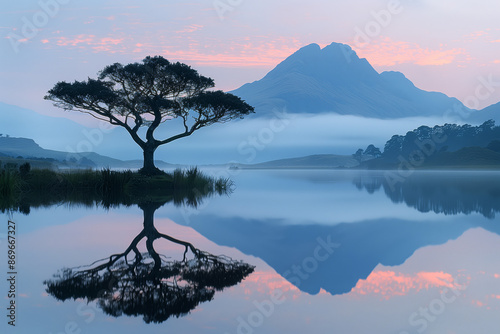 A lone tree stands in a serene lake with fog swirling around a mountain peak in the background. The sky is a soft pastel blue, reflecting a delicate pink hue in the water, creating a peaceful.