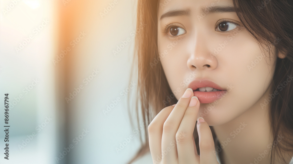 Lip care concept, worried asian young woman finger touching lips in front of mirror after applying lipstick balm on dry mouth from natural beauty product, skincare routine, makeup and cosmetics