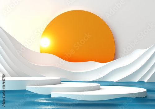 White Platform With ice mountain and Sunset Background.  The platform is surrounded by light blue water and the background is a sunset 3D.