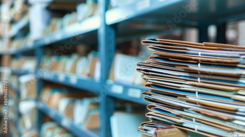 Archive room with files and documents. Stacks of files and folders on shelves in an archive room, emphasizing organized information and data storage.