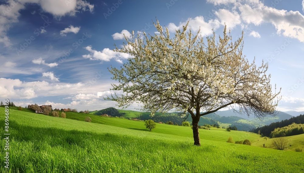 Blooming tree standing alone on a vibrant green field in the countryside Blooming tree standing alone on a vibrant green field in the countryside