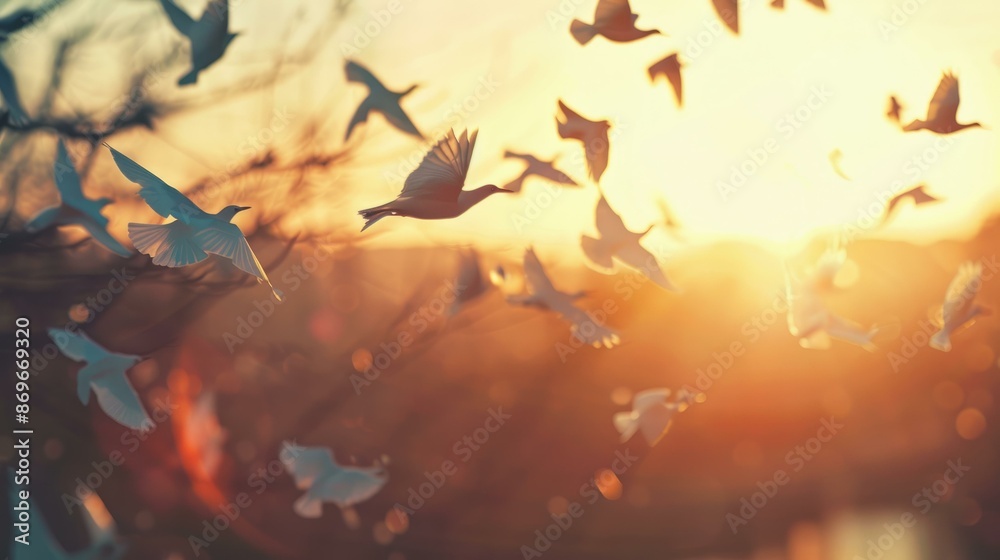 Birds soaring at sunset. Flock of birds in flight against a beautiful golden sunset sky. Birds soaring at sunset. Flock of birds in flight against a beautiful golden sunset sky.