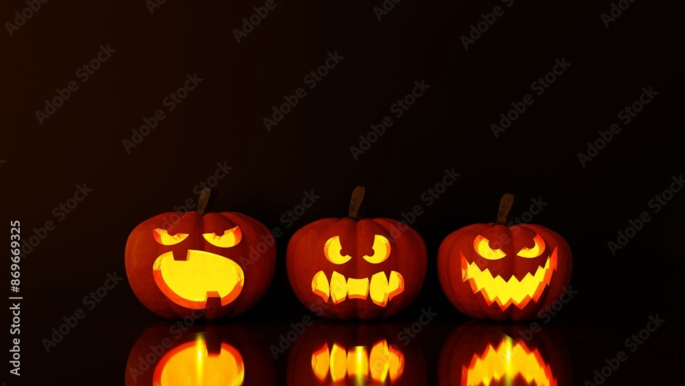 Naklejka premium Happy halloween carved pumpkin decorations 3d render illustration. 