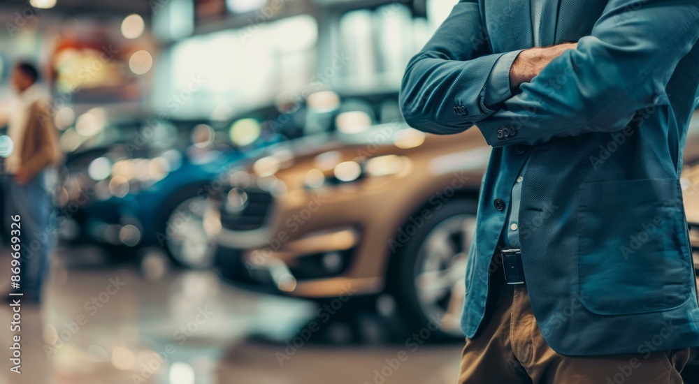 Fototapeta premium Confident car salesman in showroom. Car salesman with arms crossed standing in a showroom full of new cars, ready to assist customers.