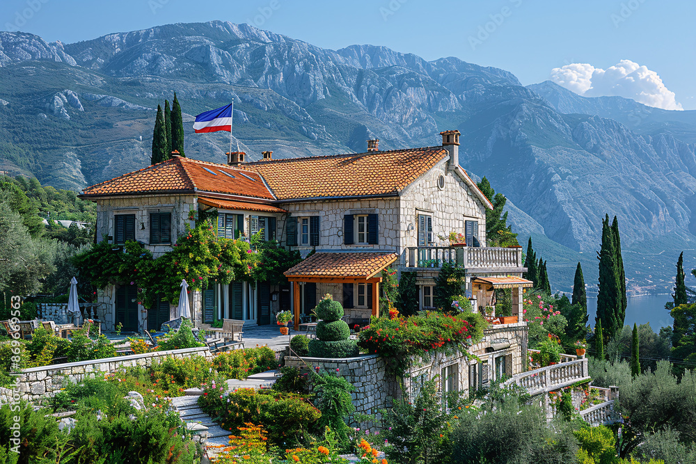 A beautiful stone house with a red-tiled roof, surrounded by lush gardens, overlooks a scenic mountain and lake landscape, with a flag flying atop A beautiful stone house with a red-tiled roof, surrounded by lush gardens, overlooks a scenic mountain and lake landscape, with a flag flying atop