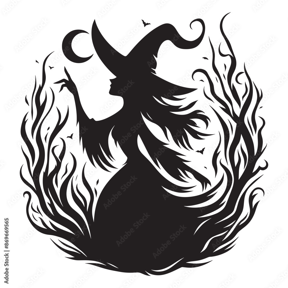 Halloween witch silhouette with broomstick, hats and magic pot vector illustration isolated on white background Halloween witch silhouette with broomstick, hats and magic pot vector illustration isolated on white background