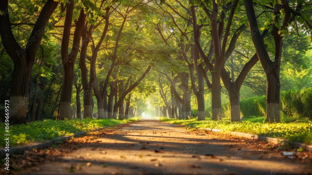 Fototapeta premium Golden hour tree lined road. Sunlight streams through a tree lined road in the park, casting warm light and long shadows on the path.